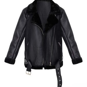 PLT Black Oversized PU Aviator Leather Jacket